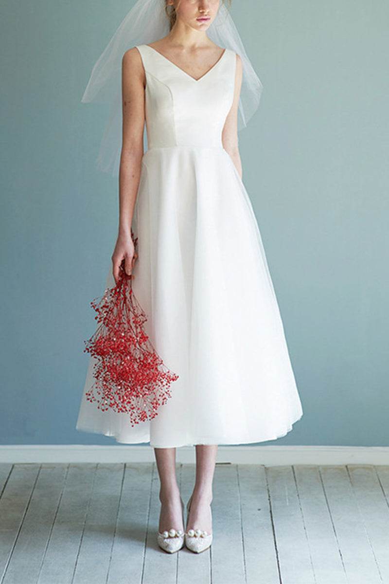 A-Line Tea Length Satin Tulle Little White Dress 615670129941 - COCOMELODY